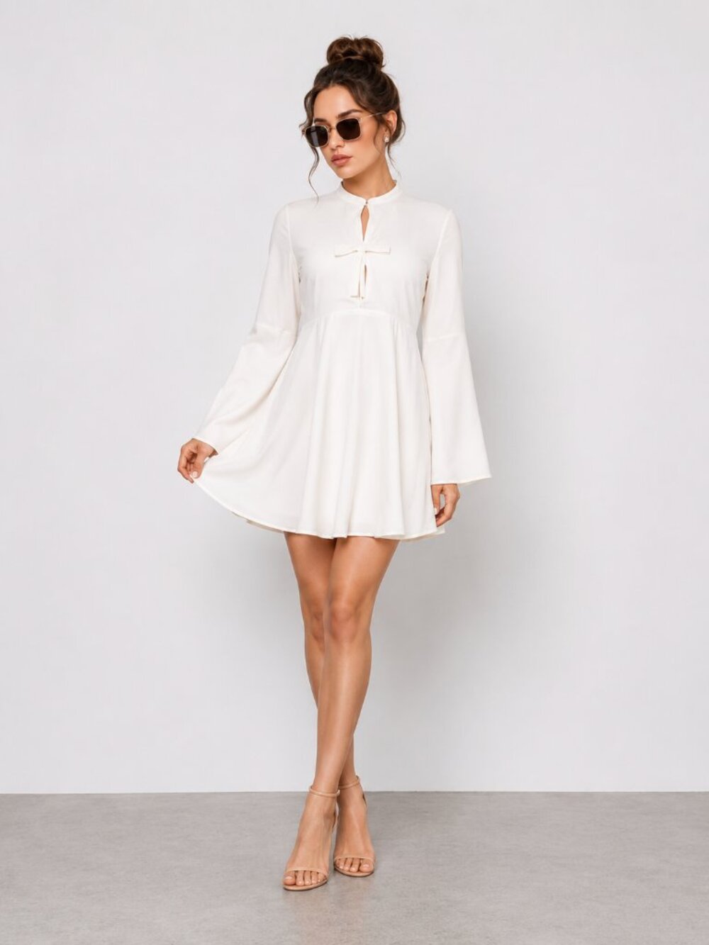 White Babydoll Dress Bow Front Bell Sleeve Cutout Back NWT